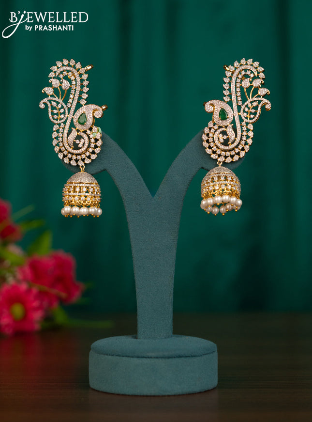 Zircon earcuff jhumkas manga pattern with emerald & cz stones and pearl hangings in gold finish