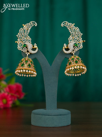 Zircon earcuff jhumkas peacock design with emerald & cz stones and pearl hangings in gold finish