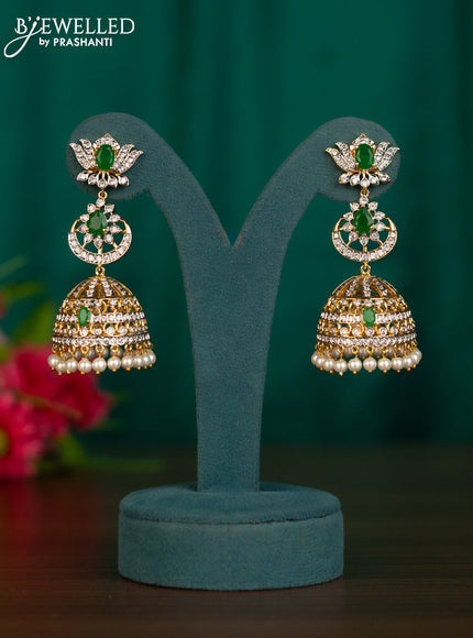 Zircon jhumkas lotus chandbali design with emerald & cz stones and pearl hangings in gold finish