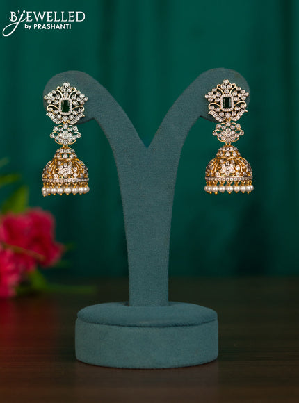 Zircon jhumkas with emerald & cz stones and pearl hangings in gold finish