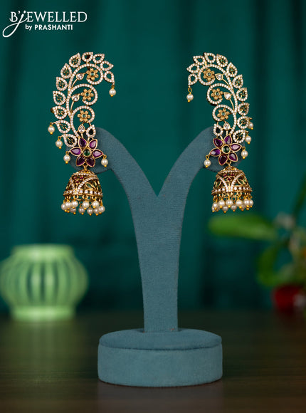 Antique earcuff jhumkas floral design with kemp & cz stones and pearl hangings