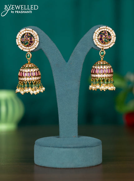 Antique jhumkas with kemp & cz stones and pearl & green beads hangings