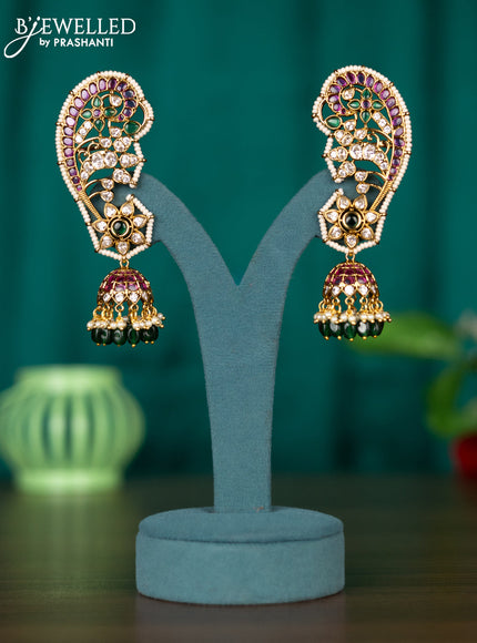 Antique earcuff jhumkas with kemp & cz stones and pearl & green beads hangings