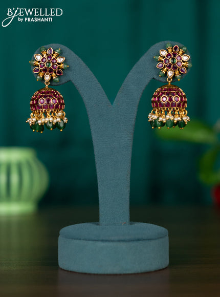 Antique jhumka with kemp & kundan stones and pearl & green beads hangings