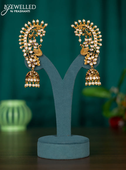 Antique earcuff jhumkas peacock design with kemp & kundan stones and pearl hangings