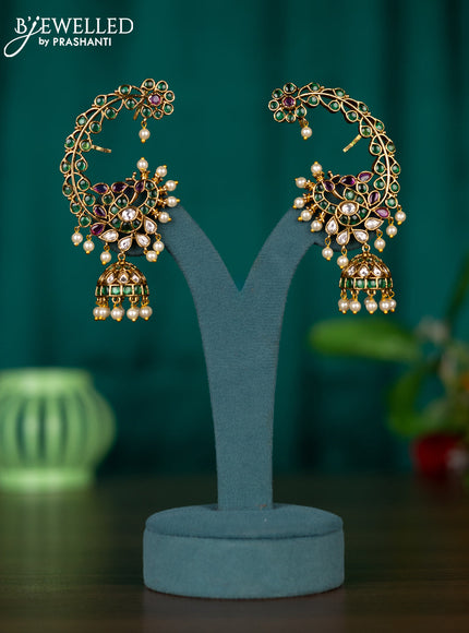 Antique earcuff jhumkas peacock design with kemp & kundan stones and pearl hangings
