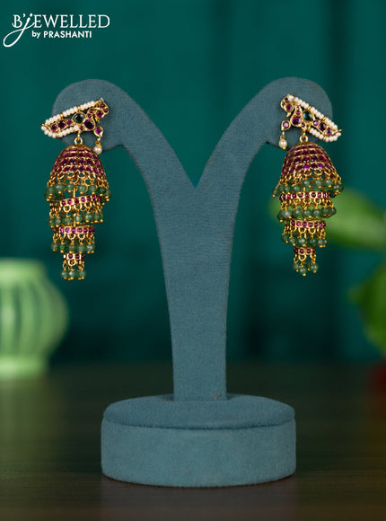 Antique triple layer jhumkas with kemp stones and green beads hangings