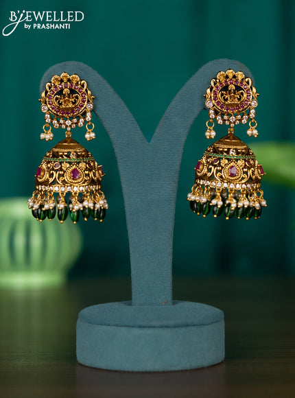 Antique jhumkas lakshmi design with kemp & cz stones and pearl & green beads hangings