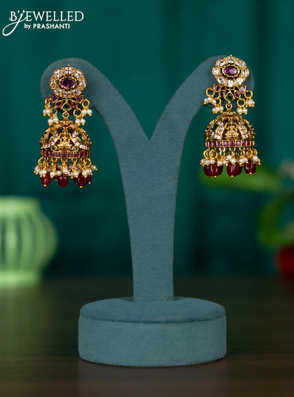 Antique jhumkas lakshmi design with kemp & cz stones and pearl & pink beads hangings
