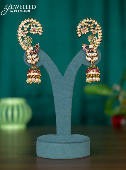 Antique earcuff jhumkas peacock design with kemp & kundan stones and pearl hangings