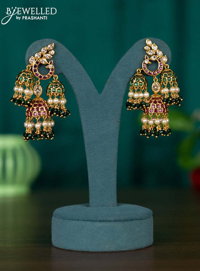 Antique jhumkas with kemp & cz stones and pearl & green beads hangings