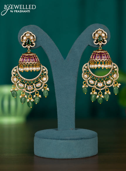 Antique jhumkas with kemp & cz stones and pearl & mint green beads hangings