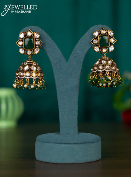 Jhumkas with emerald & kundan cz stones and pearl & green beads hangings in victorian finish
