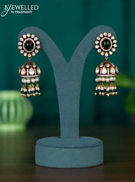 Jhumkas with emerald & kundan cz stones and pearl hangings in victorian finish