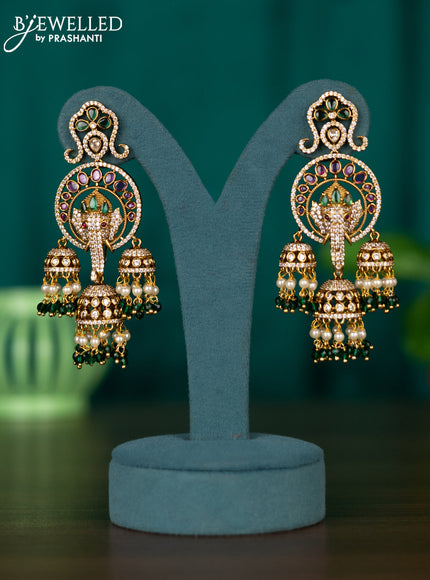 Antique jhumkas ganesha design with kemp & cz stones and pearl & green beads hangings
