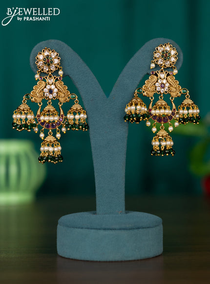 Antique jhumkas with kemp & cz stones and pearl & green beads hangings