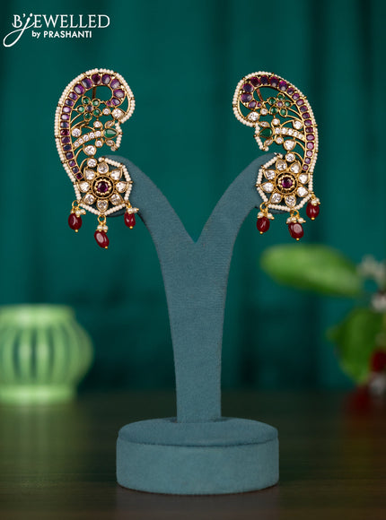 Antique earcuff earrings with kemp & cz stones and pearl & pink beads hangings