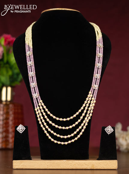 Beaded baby pink necklace with cz stones side pendant in zircon finish