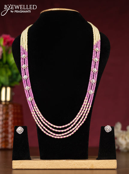 Beaded pink necklace with cz stones side pendant in zircon finish