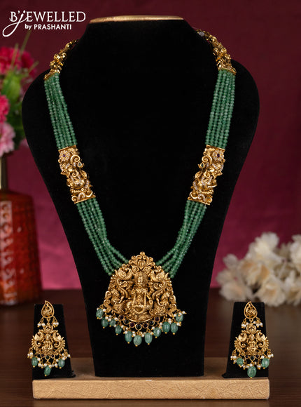 Antique beaded green haaram lakshmi pendant with kemp stones and pearl & beads hangings