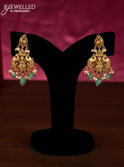Antique beaded green haaram lakshmi pendant with kemp stones and pearl & beads hangings