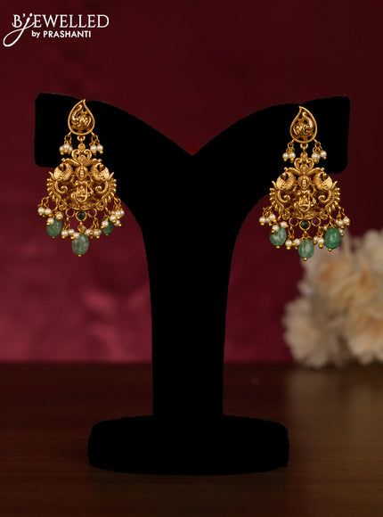 Antique beaded green haaram lakshmi pendant with kemp stones and pearl & beads hangings