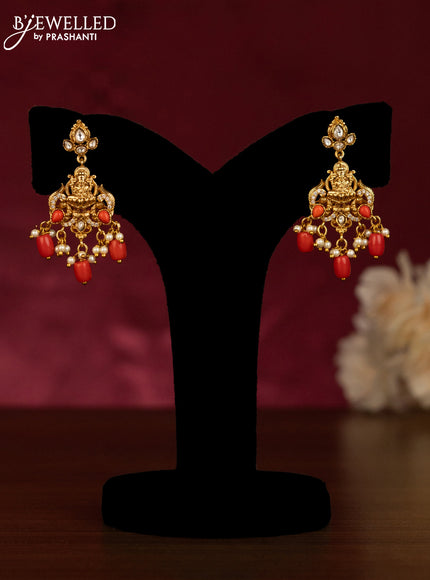 Beaded pavalam haaram lakshmi pendant with kundan stones and pearl hangings