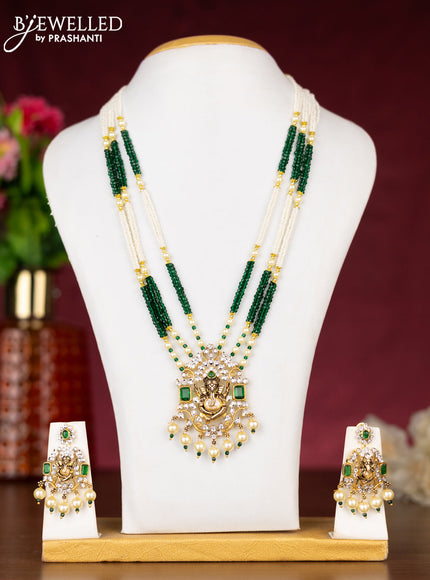 Beaded green neklace ganesha pendant with emerald & cz stones and pearl hangings