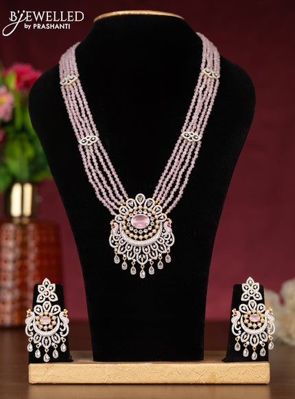 Beaded baby pink necklace with pearl & cz stones pendant in gold finish