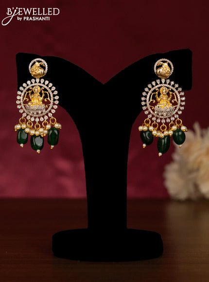 Beaded multilayer green haaram lakshmi & peacock pendant with emerald & cz stones and pearl & green beads hangings