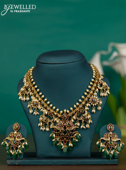 Antique guttapusalu necklace with kemp & cz stones and pearl & green beads hangings