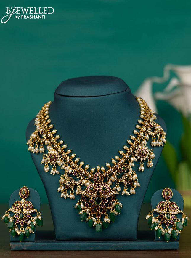 Antique guttapusalu necklace with kemp & cz stones and pearl & green beads hangings