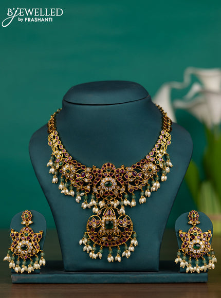 Antique guttapusalu necklace with kemp & cz stones and pearl hangings