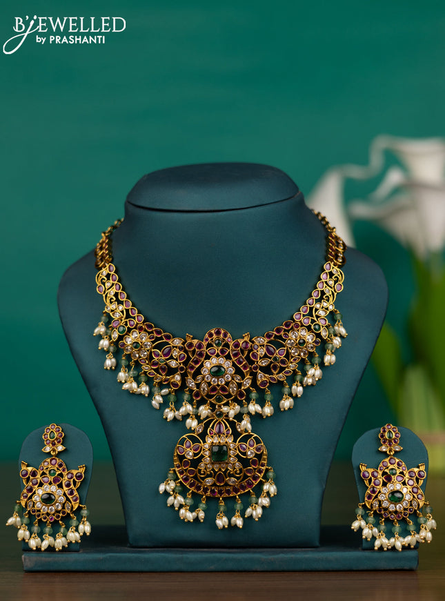 Antique guttapusalu necklace with kemp & cz stones and pearl hangings