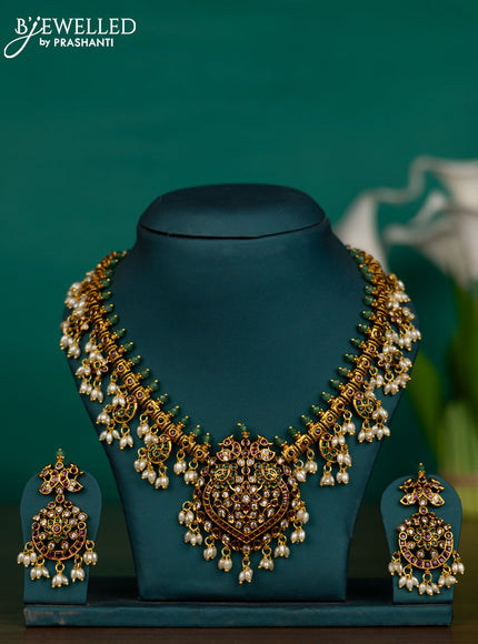Antique guttapusalu necklace peacock design with kemp & cz stones and pearl hangings