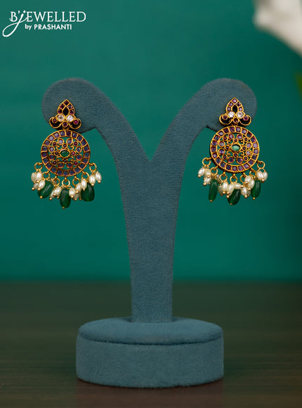 Antique guttapusalu necklace chandbali & floral design with kemp & kundan stones and pearl hangings & green beads hangings