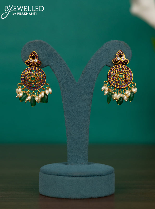 Antique guttapusalu necklace chandbali & floral design with kemp & kundan stones and pearl hangings & green beads hangings