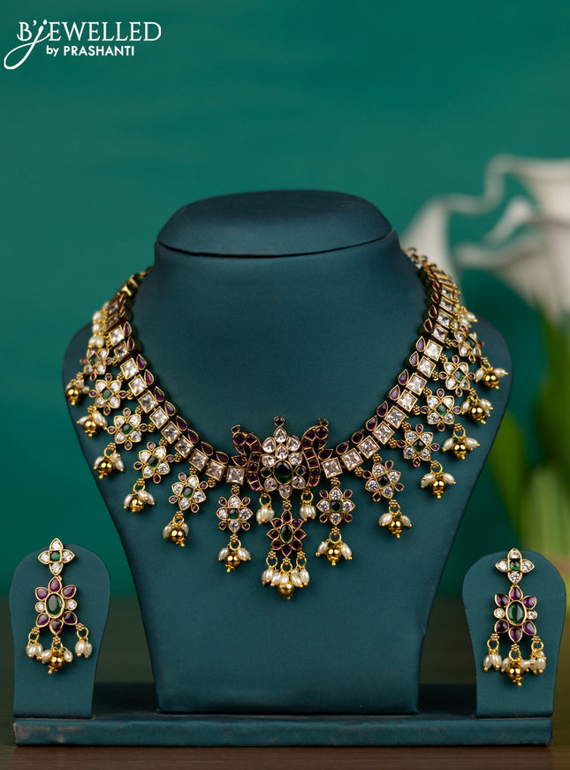 Antique guttapusalu necklace with kemp & cz stones and pearl & golden beads hangings