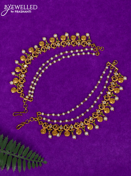Antique triple layer maatal lakshmi kasu design with kemp & cz stones and pearl hangings