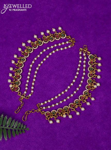 Antique triple layer maatal manga pattern with kemp & cz stones and pearl hangings