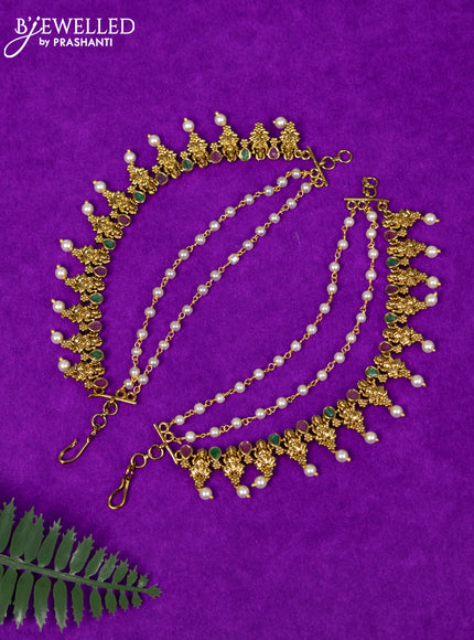 Antique triple layer maatal lakshmi design with kemp stones and pearl hangings