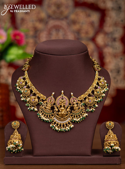 Antique necklace lakshmi pendant with kemp & cz stones and pearl & green beads hangings