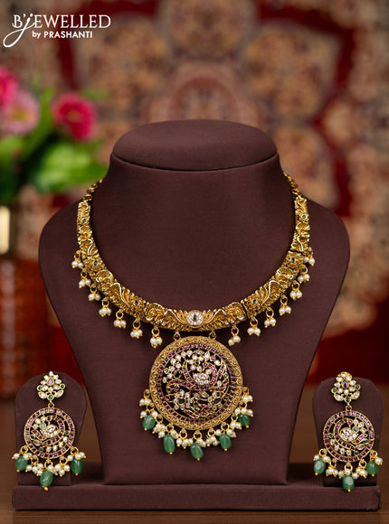 Antique necklace with kemp & cz stones and pearl & mint green beads hangings