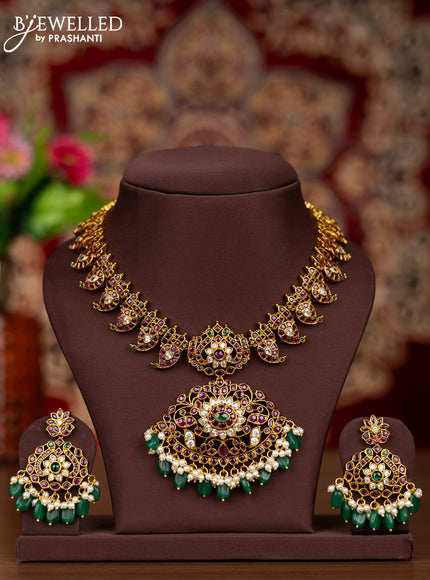 Antique necklace manga pattern with kemp & kundan cz stones and pearl & green beads hangings