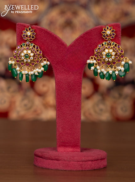 Antique necklace manga pattern with kemp & kundan cz stones and pearl & green beads hangings
