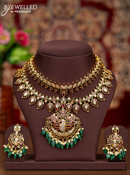 Antique double layer necklace manga pattern with kemp & kundan stones and pearl & green beads hangings