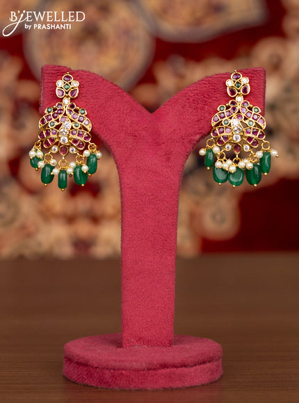 Antique double layer necklace manga pattern with kemp & kundan stones and pearl & green beads hangings