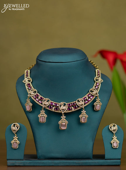 Necklace peacock design with multicolour & cz stones and hangings in victorian finish