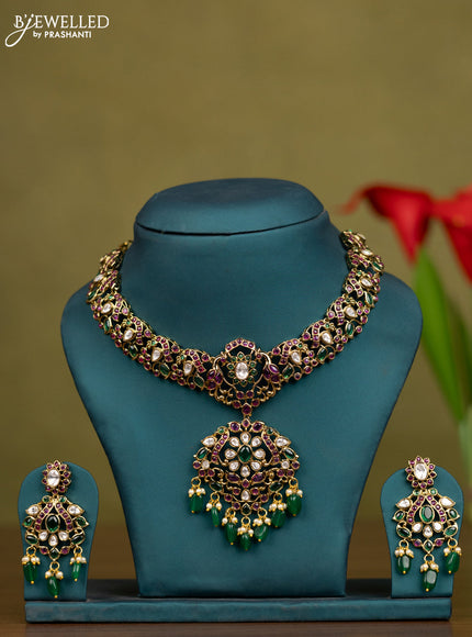 Necklace with kemp & kundan stones and pearl & green beads hangings in victorian finish