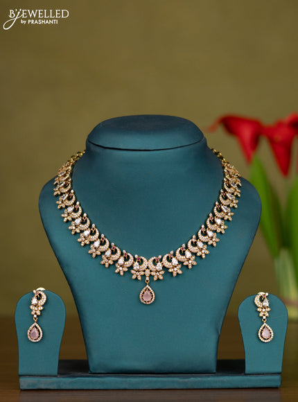 Necklace peacock design with ruby & baby pink and cz stones in victorian finish